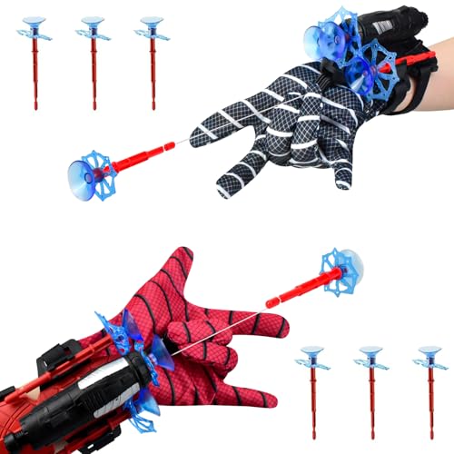 2Pcs Man Web Shooters Spider Gloves with Web Shooter for Kids Age 3-12 Super Hero Spider Launcher Toys for 4 5 6 7 8 Year Old Boys Birthday Present Gifts for Kids Boys Age 3+ (black)