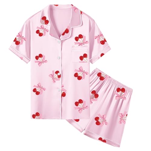 Image of Umeyda Women & Girls Pajamas Set, Soft Satin Lightweight Silk Button-Down Top with Shorts 2 Piece PJS for Mom Boys Kids Gifts