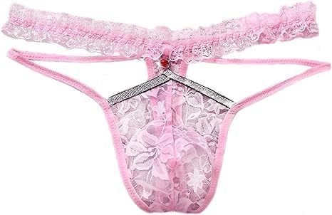 Men's lace-edged sexy underwear, transparent mesh shorts, feminine G-shaped lingerie, alluring fun lingerie, transvestite pink version