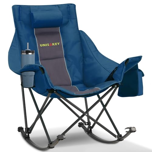 Unisakey Oversized Rocking Camping Chair with Headrest & Cup Holder - 400lbs Capacity, 600D Oxford Fabric, Easy Fold Portable Outdoor Rocker Chair for Camping, Backyard, Beach, Blue