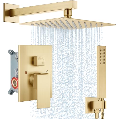 Midanya Pressure Balance Shower Faucet Complete Set Brushed Gold Wall Mount High Pressure Square 10 Inch Rainfall Shower Head wi