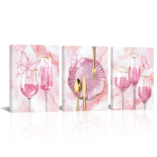 sechars 3 Pieces Set Kitchen Wall Decor Pink Wine Glass