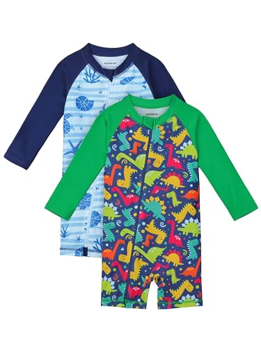 AlisOker 2 Pack Baby Toddler Boys Swimsuits UPF 50+ Sun Protection Long-Sleeve Rash Guards Baby Dry Fit Bathing Suit with Zip