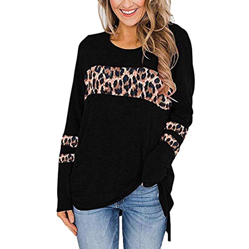 Leopard Print Side Split High Low Tunic Tops for Women Long Sleeve O-Neck Casual Striped Loose Casual Pullover WEI MOLO