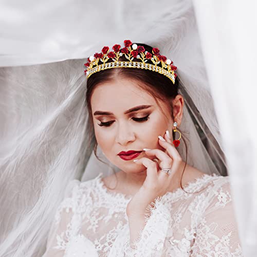 Aswewamt Red Rose Tiaras Bridal Wedding Queen Crowns Gold Flower Baroque Princess Crown Pearls Crystal Gold Headbands Earrings Rose Pendant Flower Jewelry For Women Girls #TOP3