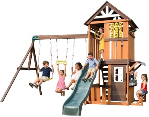 JOYLDIAS Cedar Wood Play Swing Set, Outdoor Playhouse Backyard Playground