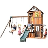JOYLDIAS Cedar Wood Swing Set with Wave Slide, Play Kitchen, Rock Wall Ladder, Belt Swings, Toy Telescope, Steering Wheel, Tic-Tac-Toe, Balconies, Outdoor Playhouse Playground Set for Backyard Garden