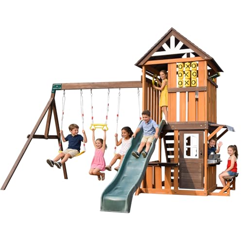JOYLDIAS Cedar Wood Swing Set with Wave Slide, Play Kitchen, Rock Wall Ladder, Belt Swings, Toy Telescope, Steering Wheel, Tic-Tac-Toe, Balconies, Outdoor Playhouse Playground Set for Backyard Garden