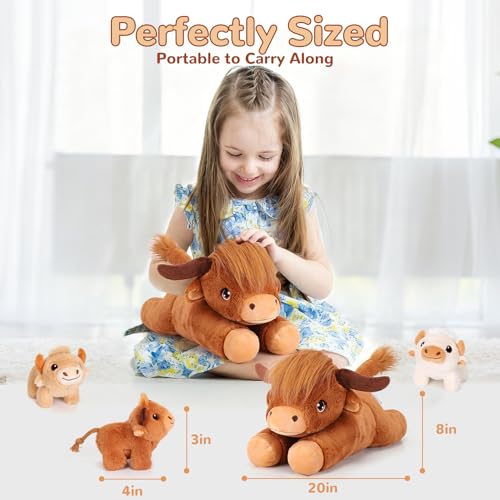 Image of 4 Pieces Highland Cow Stuffed Animals - 1 Mommy Stuffed Highland Cow with 3 Babies - Brown Cow Gifts for Girls Age 3-8, Cows Plush Toys for Christmas, Valentine's, Birthday Gifts (Brown)