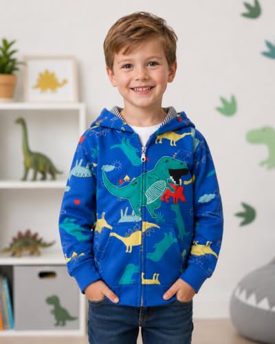 Image of Popshion Boys Toddler Cartoon Dinosaur Hoodies Jacket Cool Long Sleeve Zipper Hooded Sport Sweatshirt Coat for Kids 1-7 Years