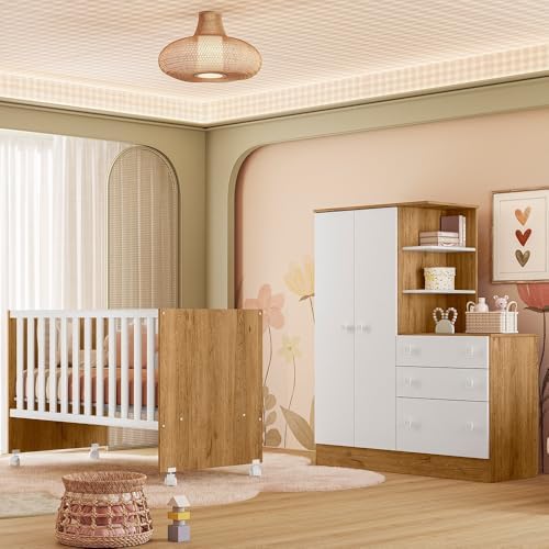 Quarto de Beb&ecirc; com Ber&ccedil;o e Guarda Roupa com C&ocirc;moda Doce Sonho Fre...