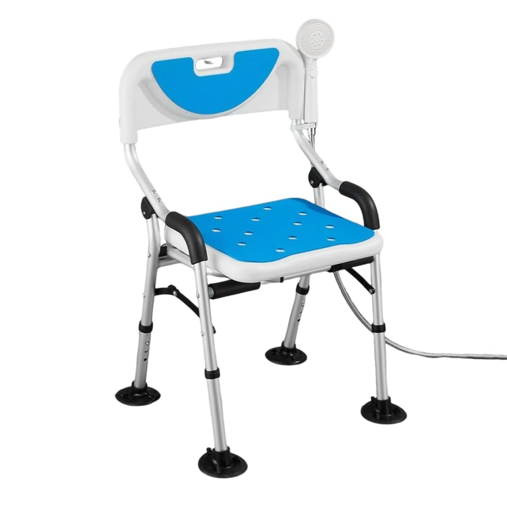 Silla de Ducha Ligera y Plegable for Personas Mayores, Taburete Acolchado con Respaldo, Ajustable en 4 Alturas, extraíble y Antideslizante.