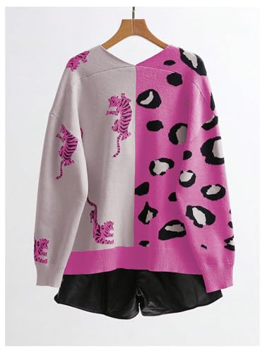 Image of WDIRARA Women's Leopard Tiger Print Cardigan V Neck Long Sleeve Color Block Button Down Sweater Outwear