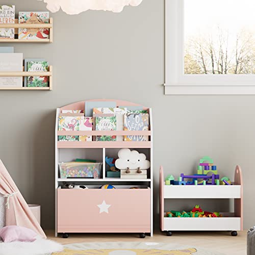 Fotosok Kids Bookshelf With Drawers, Toy Storage Organizer With Rolling Carts, Toy Organizer For Kids In Playroom Nursery Room Bedroom, Pink And White #TOP3