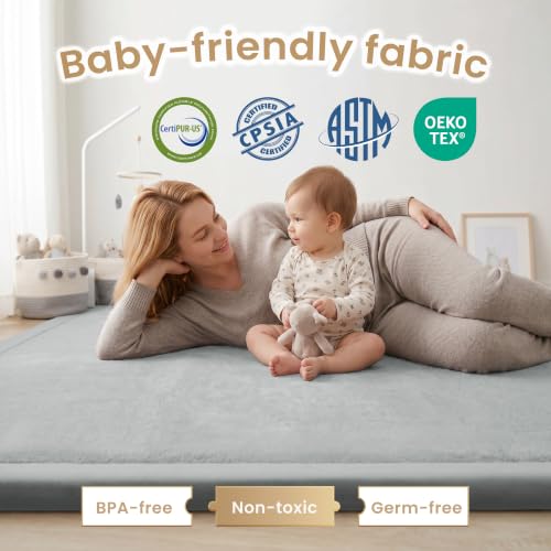 Image of ACOMOPACK Baby Play Mat for Floor,1.3 inch Thick Elasti-Foam 59 inchx71 inch Non-Slip Water Repellent,Non-Toxic Playpen Mat for Infants Toddlers Kids, Ultra Soft Coral Velvet for Tummy Time Crawling(Light Grey)