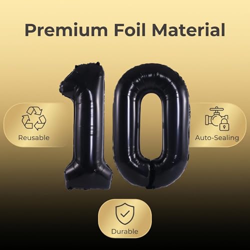 Image of Number 10 Balloon Foil Mylar Balloons for Birthday Party Decoration (Black, 40 Inch)