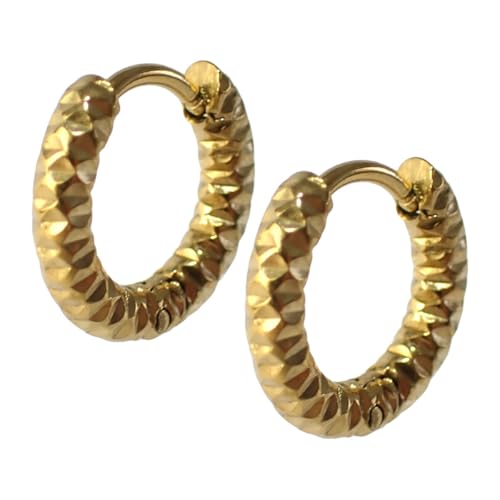 Piena フープピアス レディース サージカルステンレス 両耳用 ギザギザ ひねり カット加工 キャッチレス シンプル 金属アレルギー対応 (ゴールド/フープ内径8mm)