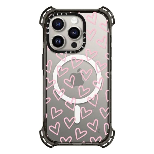 CASETiFY Etui Bounce do iPhone'a 15 Pro, 6X klasy wojskowej, ochrona przed upadkiem, ochrona przed upadkiem 6,5 m, kompatybilne z Magsafe, serca, jasnoróżowe, cienkie, przezroczyste czarne