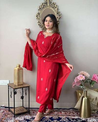 Image of Yashika Women Pink Embroidered Chanderi Fabric Straight Kurta, Pant and Dupatta Set