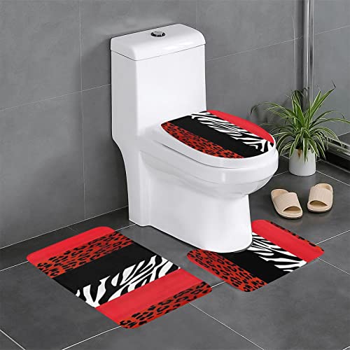 DEPILA Badezimmer 3-teiliges Badezimmerteppich-Set Roter Leopard und Zebra-Tierdruck 3-teiliges Badezimmerteppich-Set Badematte + Kontur + Toilettendeckelbezug Badezimmer-Antirutsch-Pad Sets