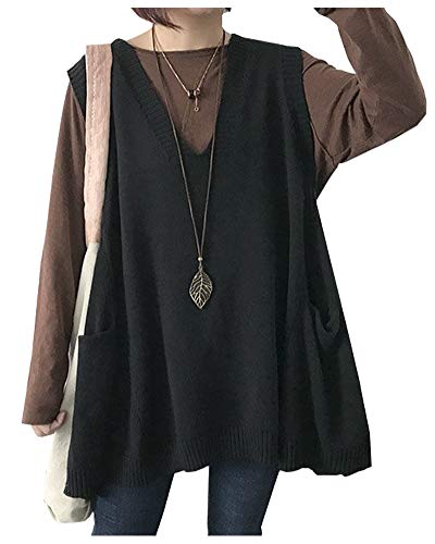 Ladyful Damen V-Ausschnitt Weste Strick Pullunder Strickweste Pullover ärmellos Strickpullover mit Taschen (Schwarz, XXL) Cover