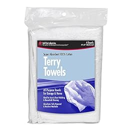 Buffalo Industries (60225) 14" x 17" Fully Hemmed Absorbent Terry Towels - All-Purpose Towels for Automotive, Garage and Home - 100% Cotton - Machine Washable - Pack of 4