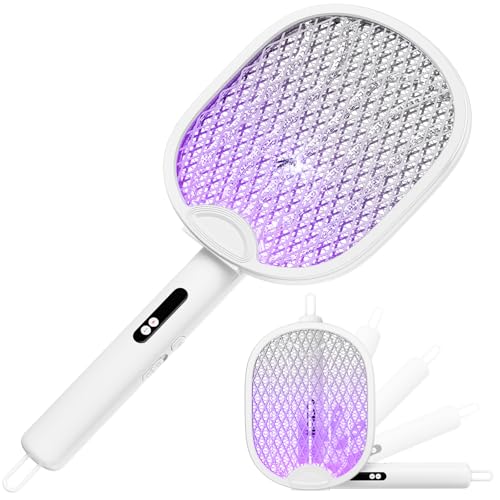 ZOVHYYA 3-in-1 Elektrische Fliegenklatsche 4000V Stark 1800mAh Akku Insektenvernichter USB-C 180 Klappbare Mückenklatsche mit LED Wandmontage & Selbststehen(Ceramic White)
