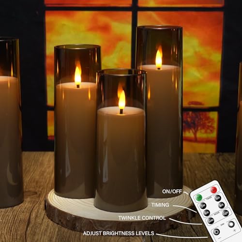 Image of kakoya Flickering Flameless Candles Battery Operated with Remote and 2 /4 /6 /8 H Timer Plexiglass Led Pillar Candles Pack of 9 (D2.3 xH5.5 6.5 inch 7.5 inch) with Realistic 3D Wick Candles for Home Decor(Grey)