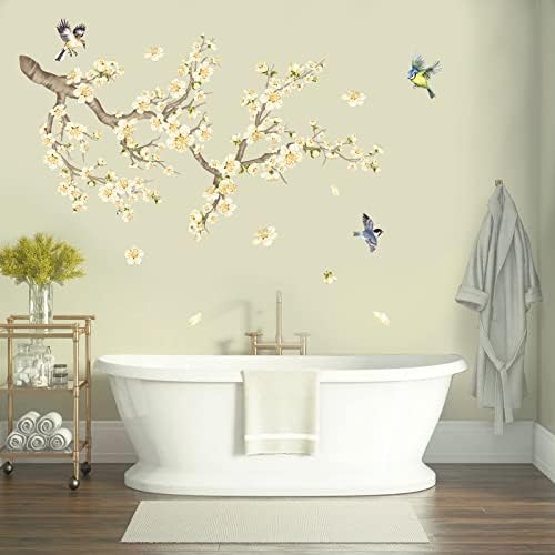 decalmile Flower Branch Wall Stickers Yellow Blossom Pear Flower Birds Wall Decals Kids Bedroom Living Room Window Wall Decor (Width:119CM)