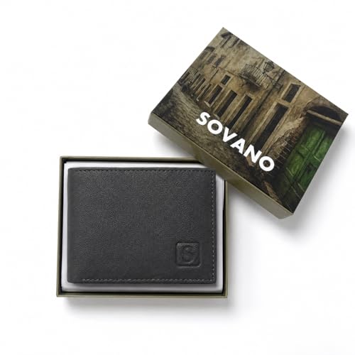 Image of SOVANO Genuine Leather Wallets for Man Original Bi Fold Slim Mens Wallets Design with RFID Protection ID Window Easy Access 6 Card Slots 2 Hidden Pockets Compact Gift for Men (Gray)