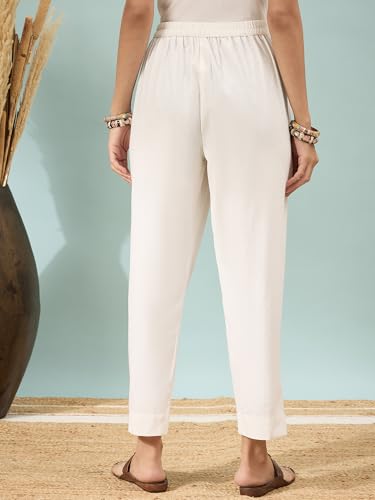 Image of D K W Women's Mid Rise Relaxed Fit Cotton Flex Trousers with Elastic Back & Drawstring - Ideal for Winter, Formal, Office & Casual Wear, Comfortable for Girls and Women