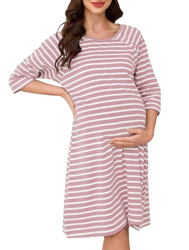 Vlazom Women 3 in 1 Cotton Nursing/Delivery/Labor/Maternity Nightgown Half Sleeve Breastfeeding Sleep Dress Hospital Gown Sleepwear with Buttons Pink Stripes,M