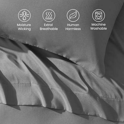 SLEEP ZONE Nanotex Super Soft Cooling King Bed Sheets Set 4 Piece - Easy Care Fitted Flat Sheet & Pillowcase Sets - Wrinkle Free, Fade Resistant, Deep Pocket 16" (Gull Gray, King)