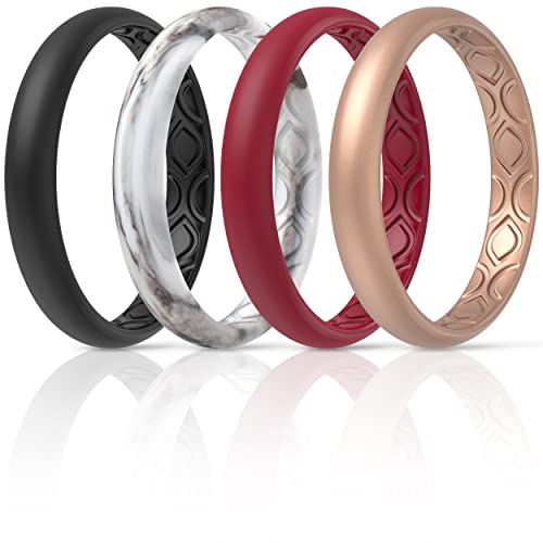 ThunderFit Silicone Wedding Rings for Women, Breathable Air Grooves Engagement Bands 3mm Wide 1.5mm Thick - 1/4/8/12 Variety Multipack (Dark Red, Rose Gold, Black, Marble - Size 9.5-10 (19.8mm))