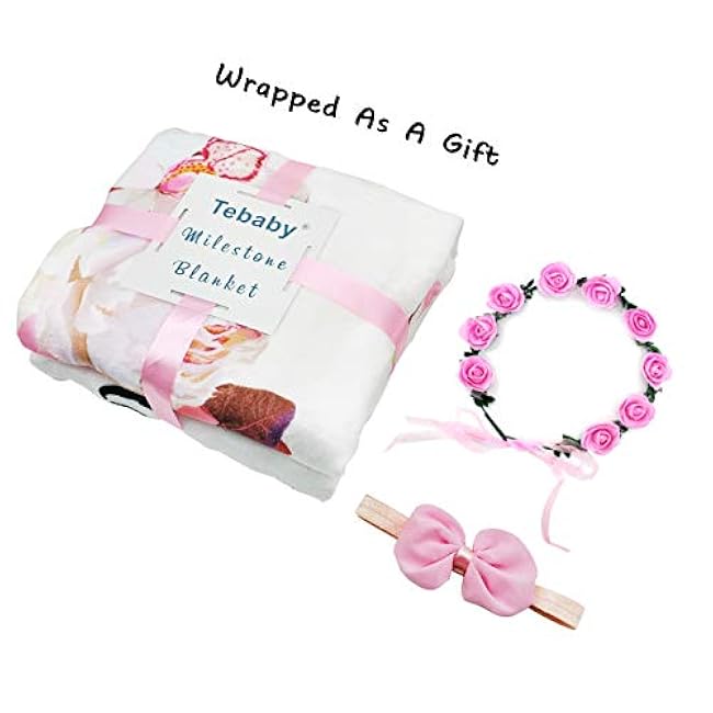 Baby Monthly Milestone Blanket Girl - Floral Newborn Month Blanket Personalized Shower Gift Soft Plush Fleece Photography Background Photo Prop Flower Rug with Wreath Headband Large 51''x40''
