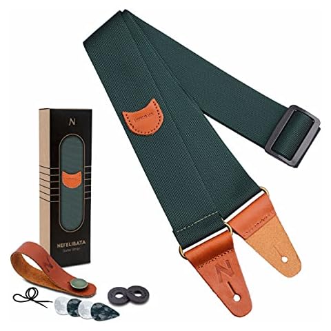 Padwa Lifestyle Dark Green Guitar Strap -Vintage Nylon Full Grain Leather Ends Straps with Pick Pocket for Bass, Electric & Acoustic Guitar, Come Free Button, 1 Pair Locks and 4 Picks Cover