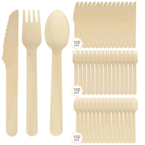 LNSYSNS Wooden Cutlery Set, 300 Pieces Disposable Cutlery, Includes 100 Pieces Wooden Forks, 100 Pieces Wooden Spoons, 100 Pieces Wooden Knives, Birch Chip Forks, for Barbecues, Party Picnic