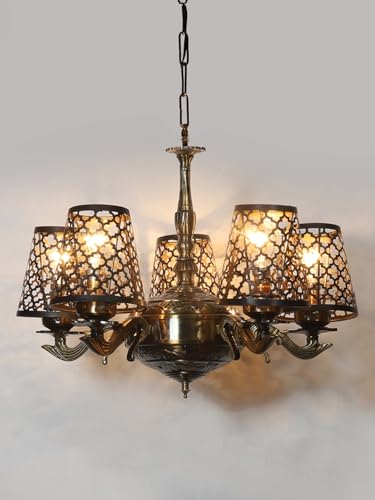 Image of Devansh 05 Lights Metal Etched Shade with Antique Golden Chandelier -Y