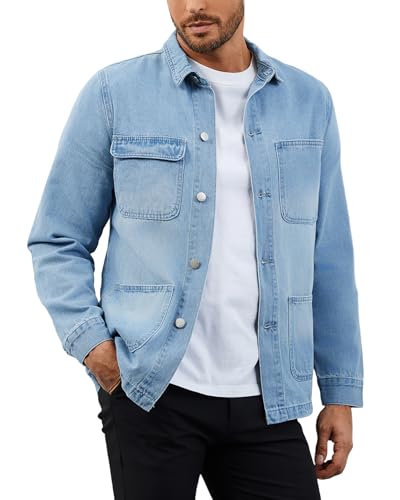 Men's Denim Jean Jacket Casual Button Down Regular Fit Work Shirt with Four Pocket
