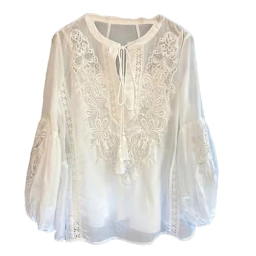 ERFMFKL Camisas finas bordadas para mujer, blusas de manga larga vintage con estampado holgado, blanco, S