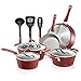 NutriChef 11 Pcs. Stylish Kitchen Cookware Set w/Elegant Lines Pattern Non-stick Kitchenware Pots & Pans, Metal + Silicone Handle, PTFE/PFOA/PFOS Free NCCW11RDL, Gray Inside & Red Outside