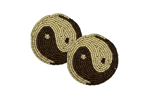 POPULAR LIFE HOME Zen- Yin Yang Motif Wooden Bead Embroidered Coasters  Hand Beaded Placemat with Satin Back Decorative Dining Table Coasters Brown Cream 4” Round Set of 2