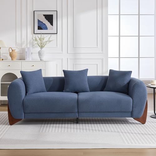 Image of 87 inch Sherpa Boucle Cloud Couch Modern 3 Seater Sofa with Solid Wood Legs, 25 inch Extra Deep Seat, Comfy Thick Cushion Upholstered Sofa Couches with 3 Pillows for Living Room, Blue