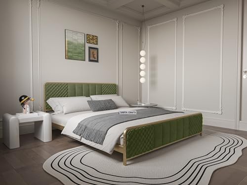 Image of Modern Upholstered Double Size Bed for Bedroom | Metal Double Bed | Platform Cot Bed with Upholstery Premium Fabric | 6.5 x 4 Ft | Powder Coated Metal Bed | Green