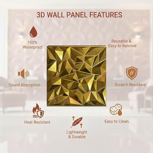 Image of Kayra Decor 3D PVC Wall Panels | SGS Certified & USA Standard Approved | Diamond Design - Golden Color | 19.7 inch x 19.7 inch (Pack of 40) - Covers 107.60 Sq. Ft | Premium Home & Office Wall Decoration