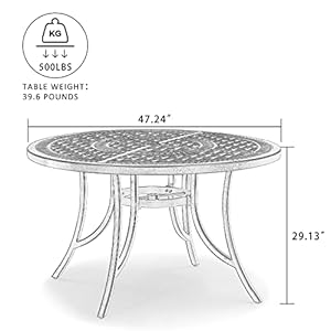 PURPLE LEAF 47 Outdoor Cast Aluminum Round Dining Table with Umbrella Hole Patio Furniture for Backyard Lawn Balcony Deck Patio Dining Table Lattice