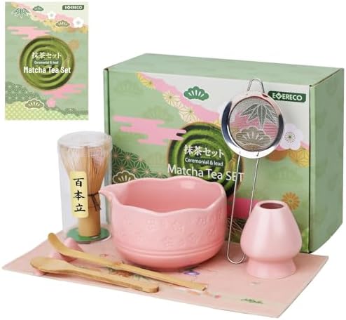 Matcha Whisk Set, 8Pcs Matcha Set Includes Ceramic Bowl with Spout, Bamboo Whisk and Holder, Sifter, Spoon, Bamboo Scoop, Scoop Rest, Tea Towel, Japanese Tea Tools for Christmas Gift