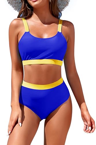 Image of Womens High Waisted Bikini Sets Sporty Crop Top Color Block Swimwear Bandeau Scoop Neck Vintage Two Piece Bathing Suits