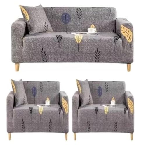 Image of TONY STARK Sofa Cover One 3 Seater and Two 1 Seater Fully Covered Universal 5 Seater for Living Room Non-Slip Sticky Elastic Stretchable Sofa Set Slipcover Protector (3+1+1 Seater, Grey Mustard Leaf)