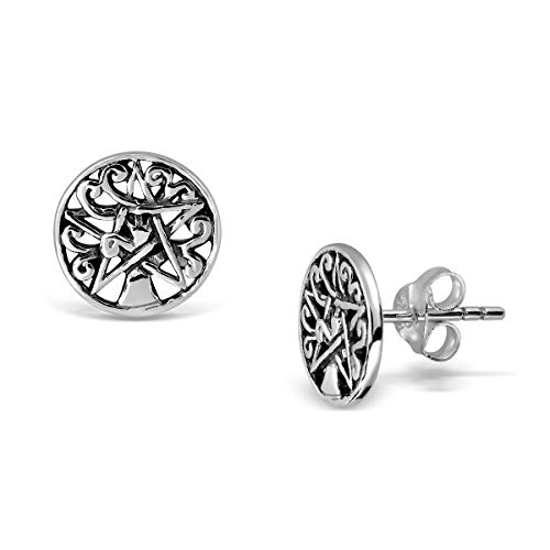 WithLoveSilver 925 Sterling Silver 10mm Round Pentagram Pentacle Star Tree of Life Stud Earrings